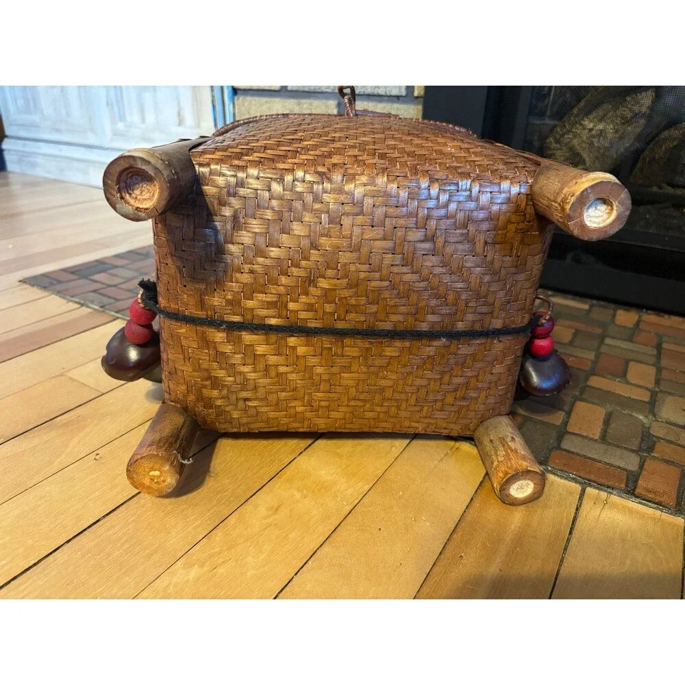 Vtg Bamboo Rattan Handmade Rice Basket With Ball Bead Cording Chinese Japan lid